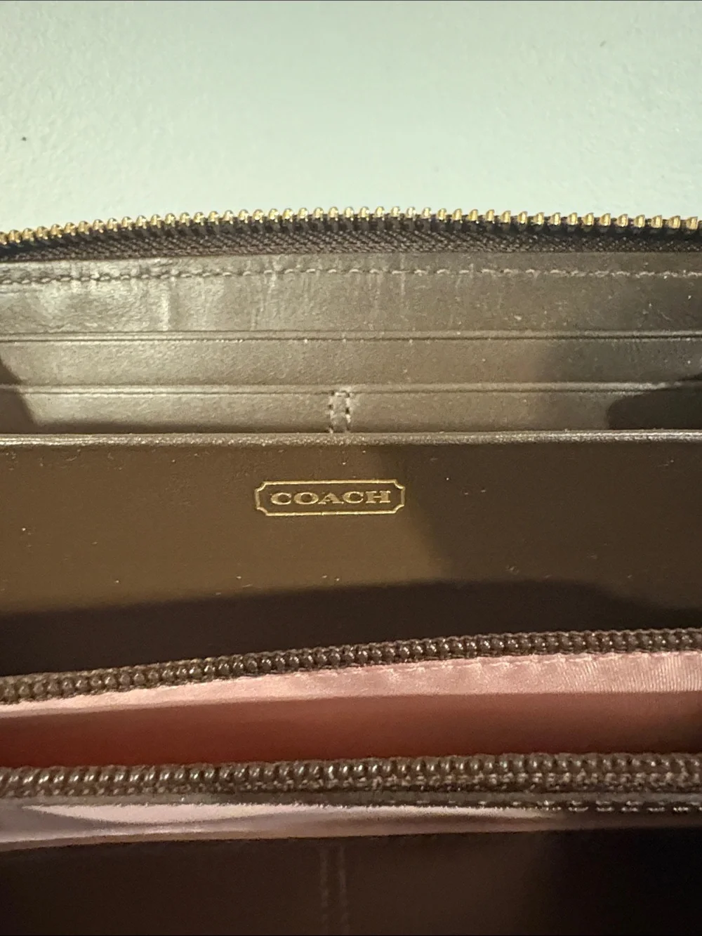 Coach Beige Signature Canvas Zip Wallet with Brown Center Stripe